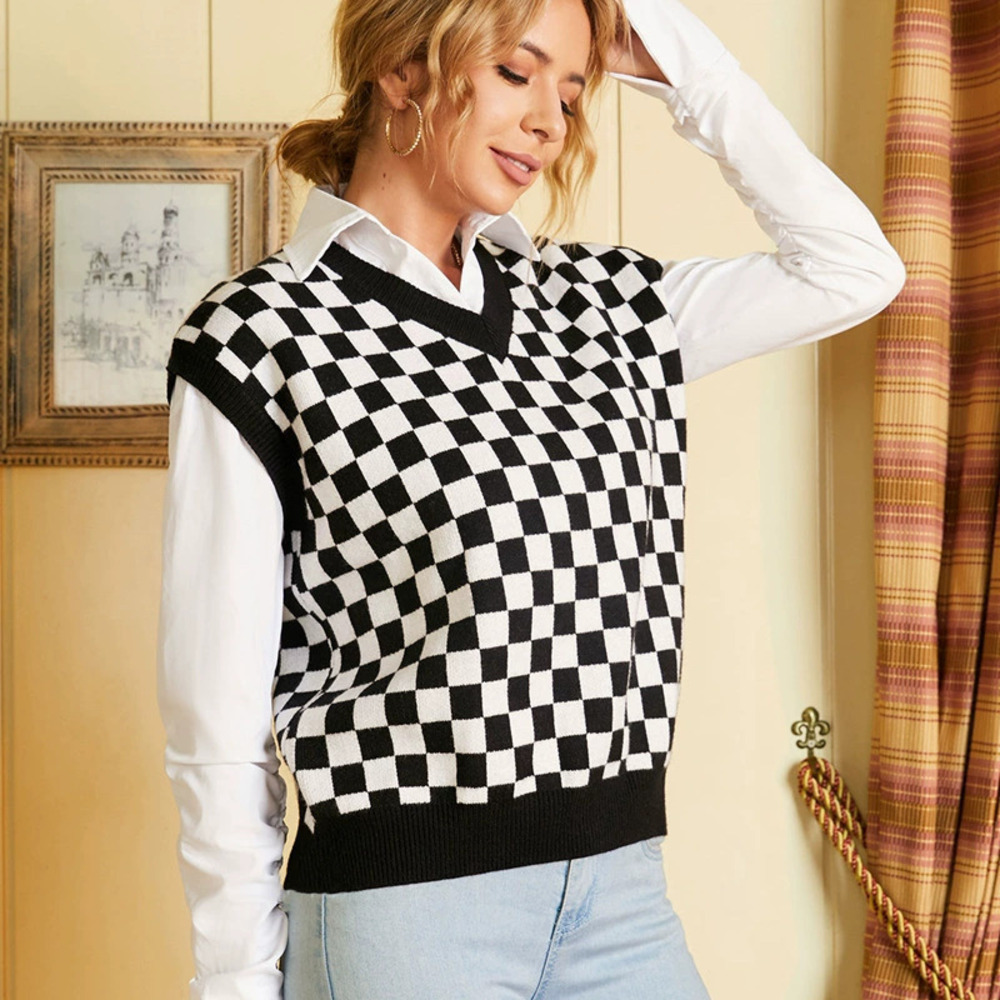 ZARA Women Casual Black White Plaid Collar Sleeveless Knit Vest Fall Winter